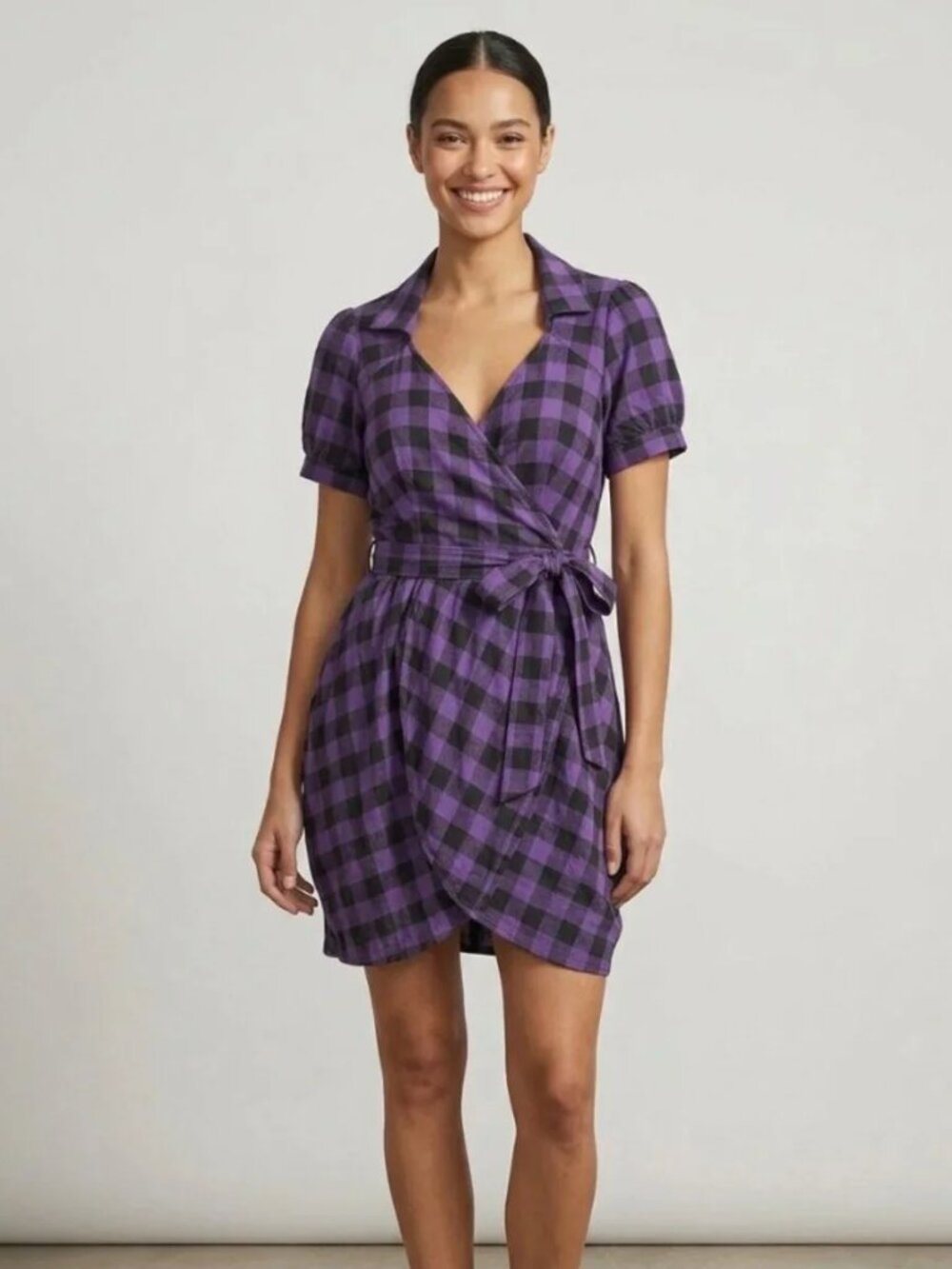 Ark & Co. Buffalo Plaid Check Plaid Short Sleeve Flannel Wrap Short Tie Dress M